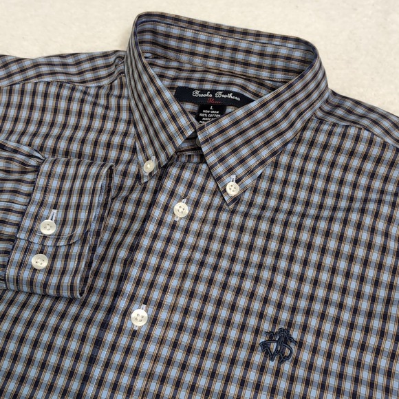 NEW Brooks Brothers Fleece Boys L Blue Check Button Down Non iron Shirt - Picture 1 of 8